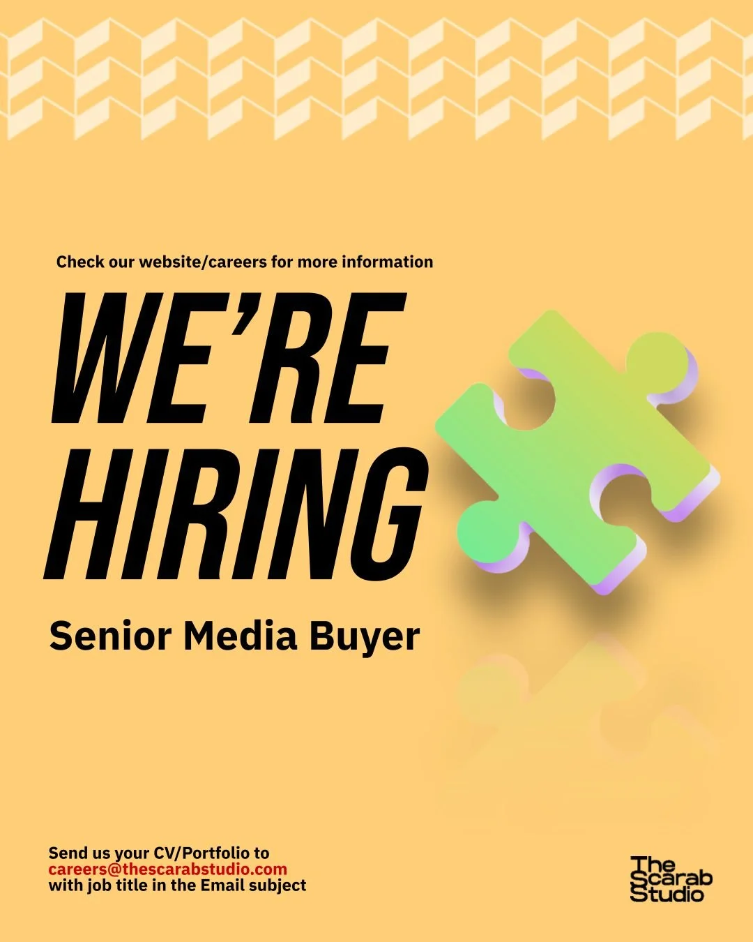 We're Hiring 

✅ Senior Media Buyer

Send us your CV/Portfolio to careers@thescarabstudio.com with the job title in the Email subject

#jobpost #careers
