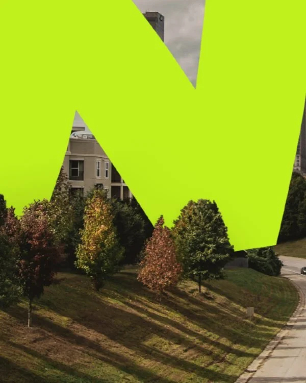 A cityscape with trees along a grassy slope and buildings in the background, partially obscured by a large, bright green abstract shape.