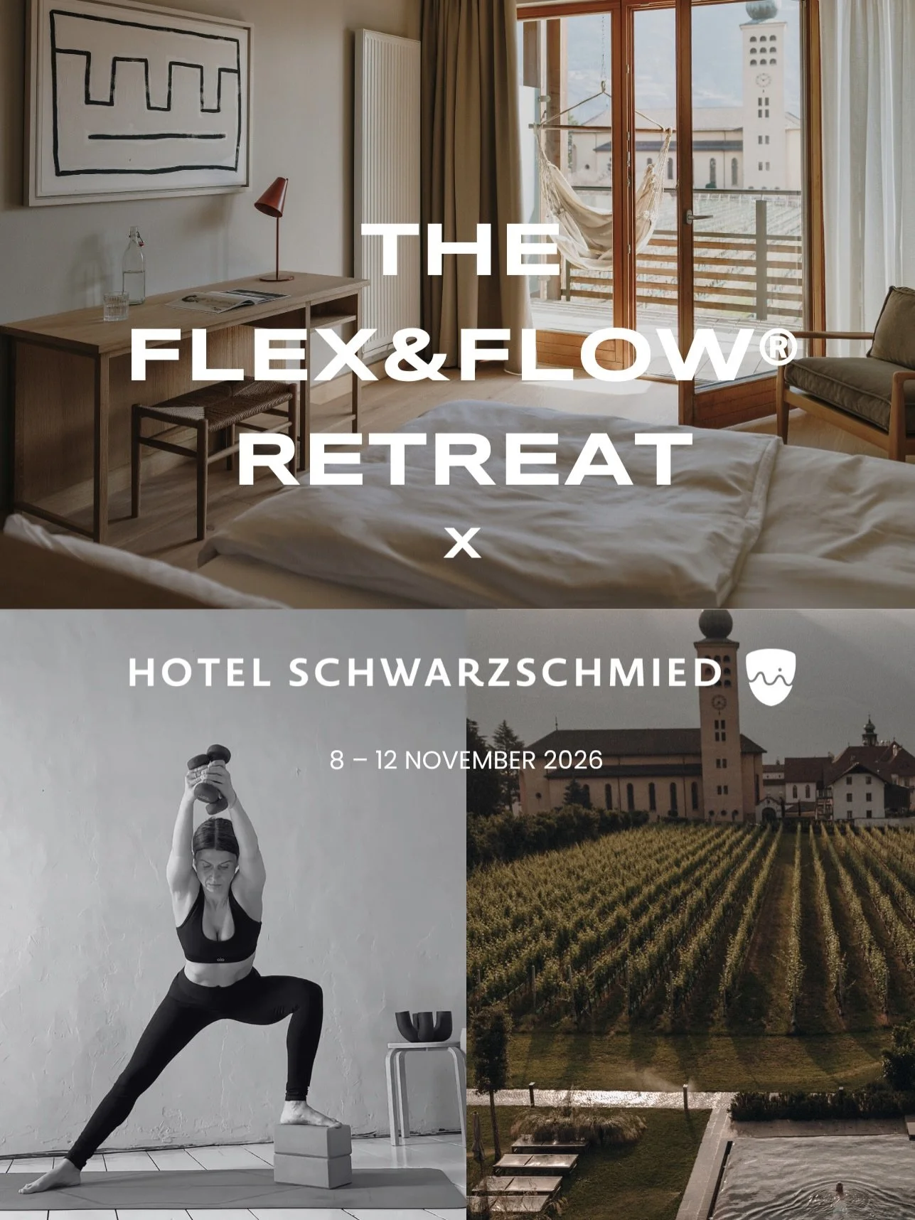 Five days. Four nights. One of the most beautiful wellness hotels in South Tyrol. @schwarzschmied 
Daily FLEX&amp;FLOW&reg; sessions that will change how your body feels for months.

Early November in South Tyrol is something else. Still sunny. Still