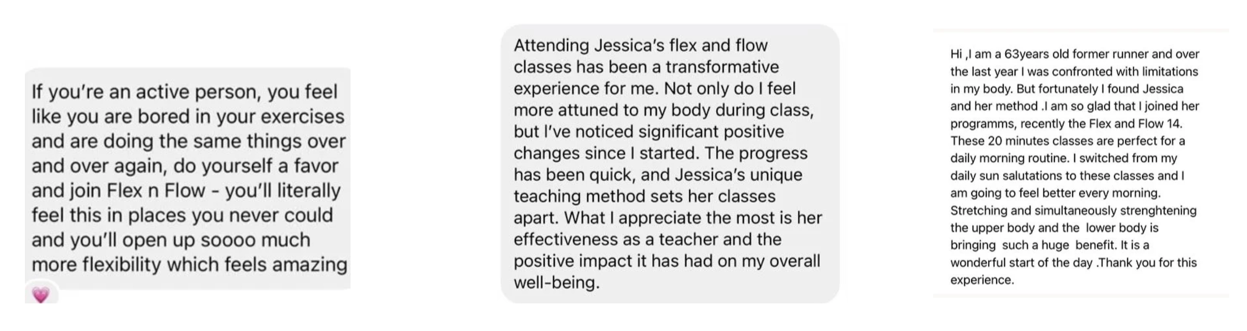 Screenshots of three text messages sharing positive feedback about Flex n Flow classes, highlighting improved flexibility, body awareness, and overall well-being.