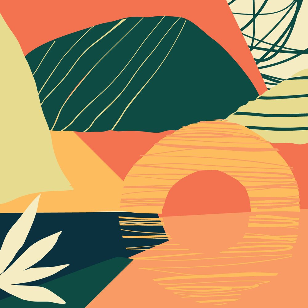  A bold pattern of overlapping hand-drawn shapes in tropical colors. 