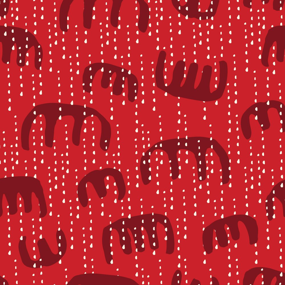  A pattern of squiggly red shapes and rows of white dots on a lighter red background. 