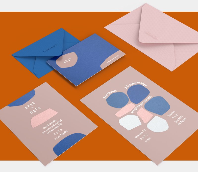  A 3D rendering of a 3-piece invitation suite in pink, blue, and tan with envelopes. 