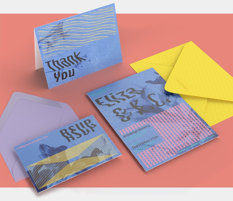  A 3D rendering of a 3-piece invitation suite, including a folded thank you card, in purple, lavender, and yellow. 