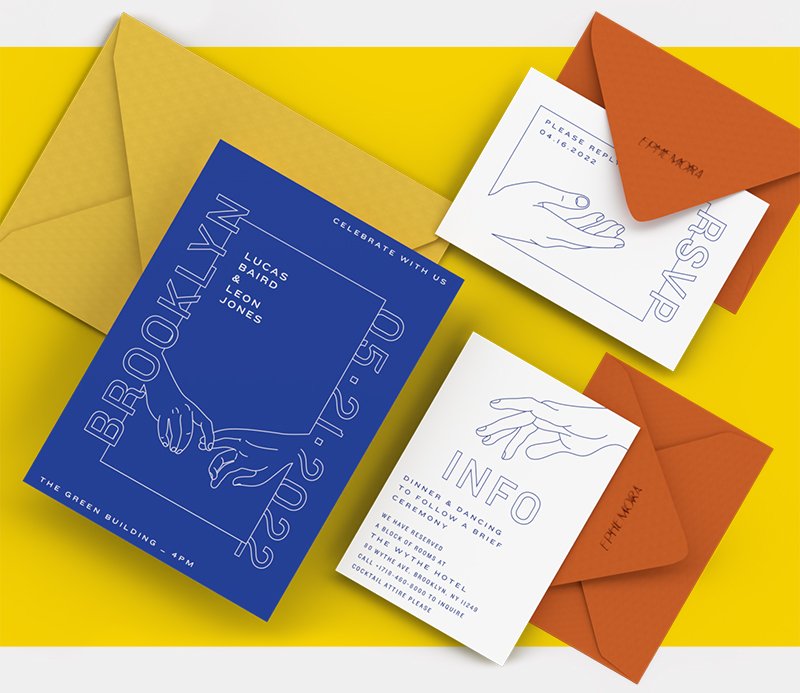  A 3D rendering of a 3-piece invitation suite in blue, orange and yellow. 