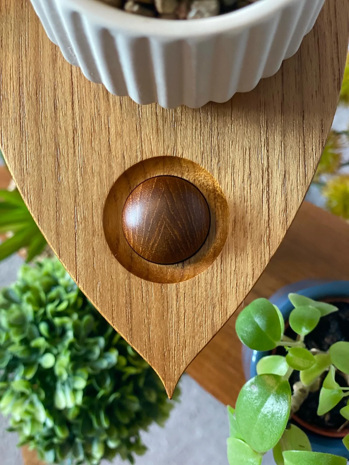 Here are a few images to highlight the small details of the Revival Shelves.

Leaf shaped shelves are created by slicing and book-matching minor arcs. The slightly textured stem is crafted from the center of a long profiled strip, with the sap remove