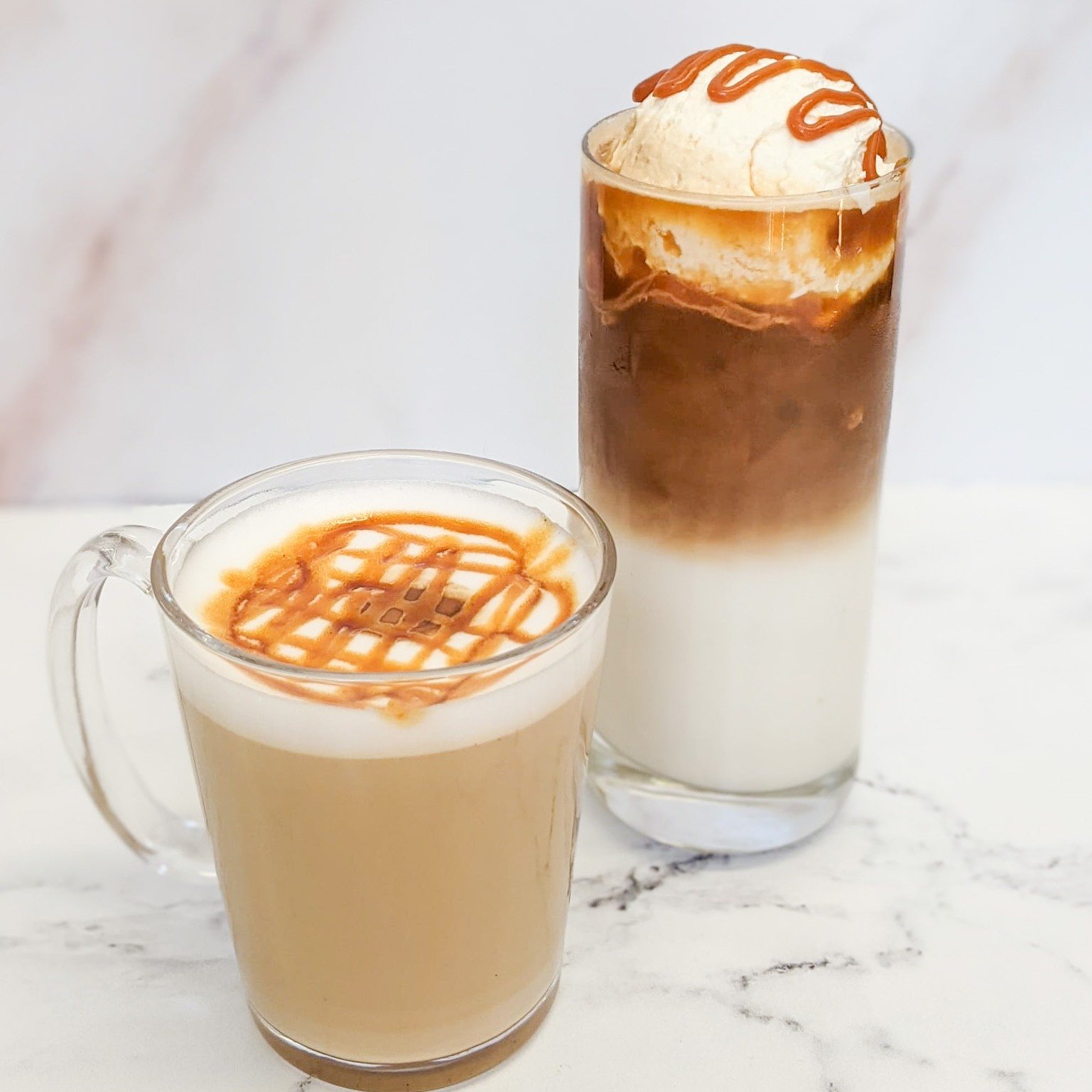 I love our Caramel Macchiato's, I actually used to drink these every day back when I started working here! (It's Ruby) Our Caramel Macchiato is a blend of vanilla syrup, espresso, your choice of milk, and this is optional, fresh chantilly on top, but