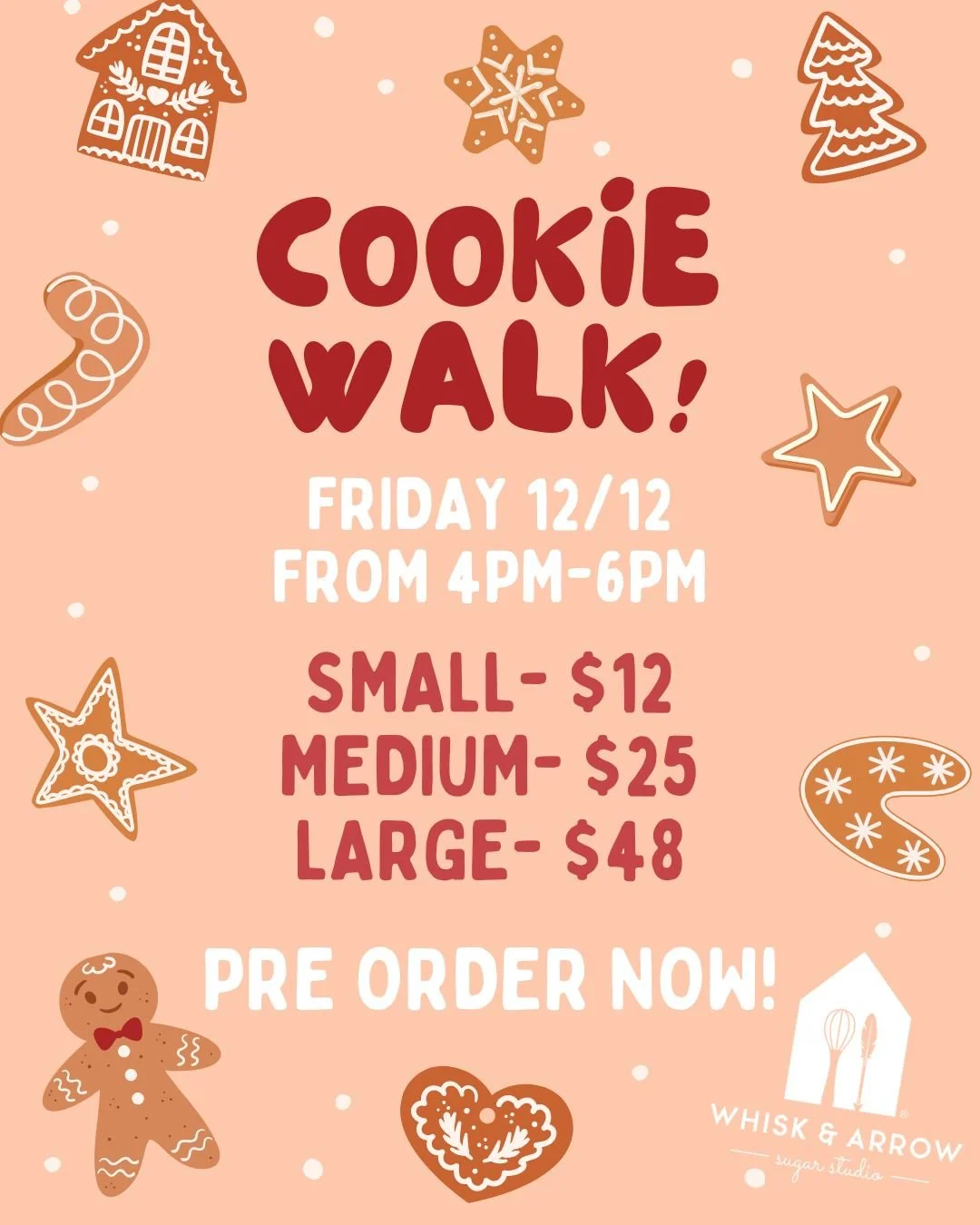 Our FIRST Cookie Walk is TODAY! We are so excited, and hope this is something you guys will love. From 4pm-6pm stop by,  and fill it with as many cookies as you can, it's easy! 🍪 Make sure to pre order your box to make sure you get one, we don't kno