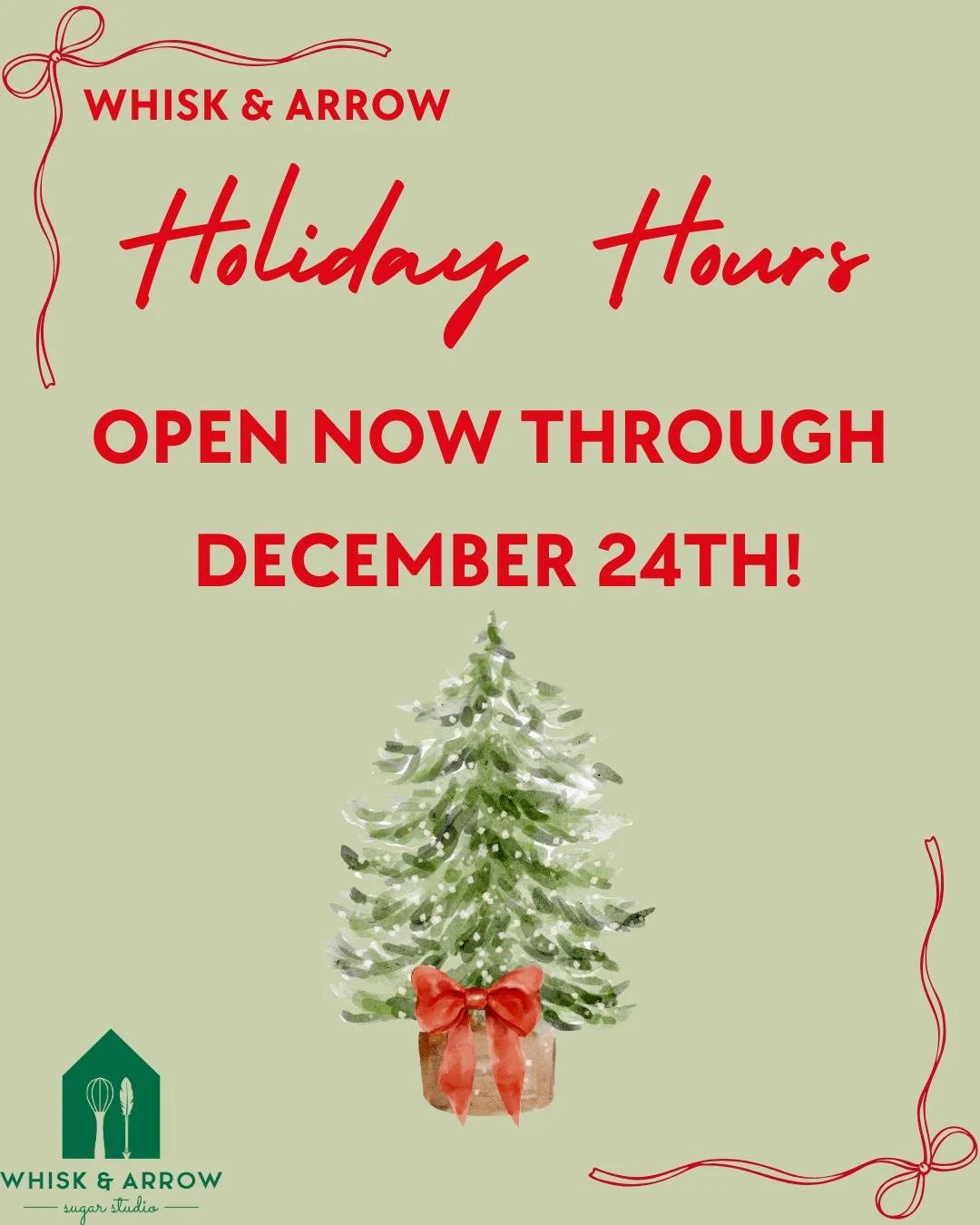 OPEN TODAY THROUGH DECEMBER 24TH! We are open everyday, yes, including Sunday, until the 24th. We have lots of days for you to come pick up some delicious treats for the Holidays. Let us know if you have any questions. 
.
Stop in or order online thru