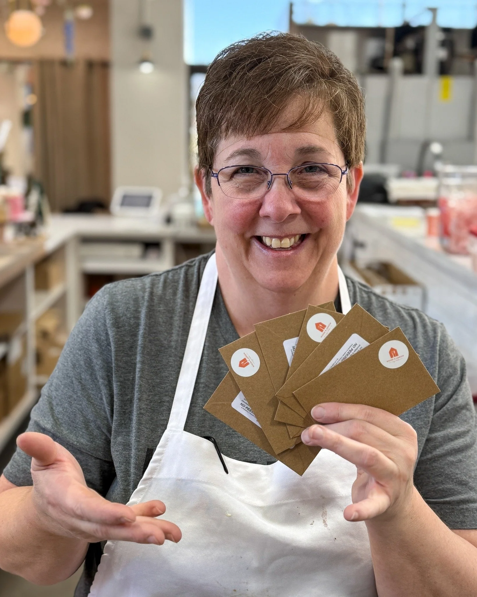 Lisa is here to remind you of our Mystery Envelopes! Spend $20 on a gift card and get one envelope. Bring the envelope back UNOPENED in January and you have the chance to win free coffee, macarons, cake, or even a $100 gift card. You need to take adv
