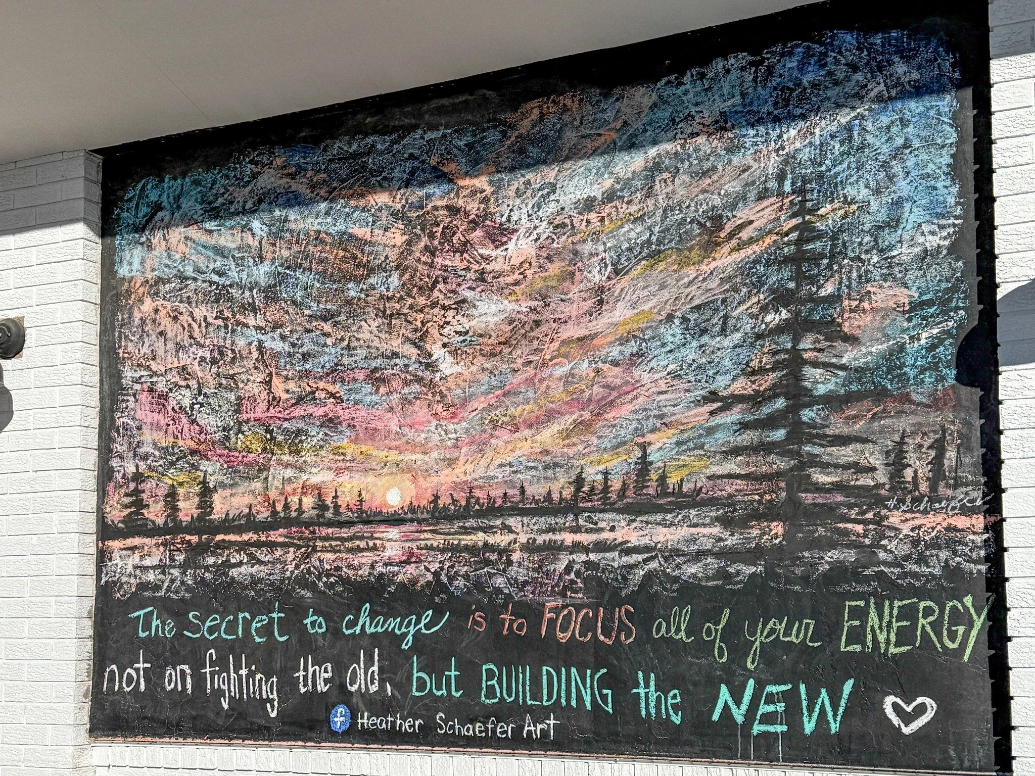 It's the last few days of January which means our board is changing, enjoy this beautiful art by Heather Schaefer Art before it's gone. We're excited to see what's next for February. 
.
If you want to participate in our Chalk Board Murals email us at