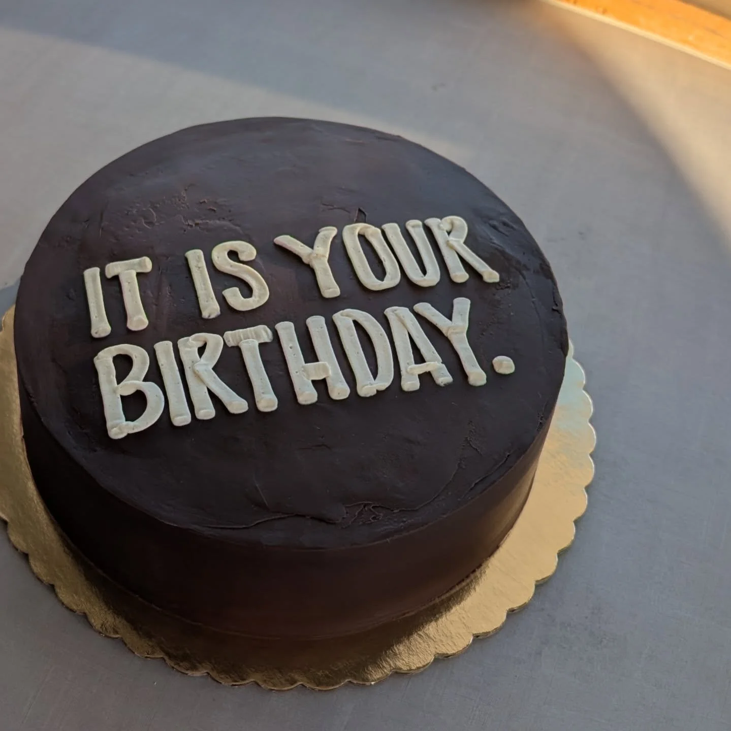 IT'S BEEN GIFTED! THANK YOU! 
.
Oops, we did it again.
.
We had a little internal miscommunication and made a cake for no reason. And it's pretty perfect. All chocolate, even chocolate ganache on the outside. Worth $80! Chocolate=$$$
.
It can be your