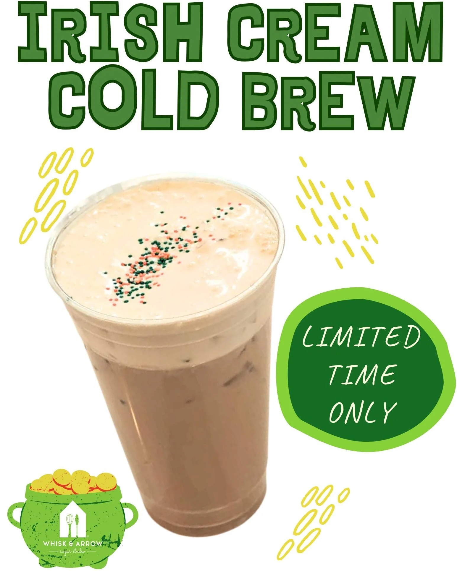 Happy St Patrick's Day!!!! Come get a delicious Irish Cream Cold Brew to celebrate, get one for a friend too!! 🍀
.
Stop in or order online thru our app for pickup or delivery! Located in Appleton, Wisconsin. 
.
#whiskandarrow #appletonwi  #wisconsin