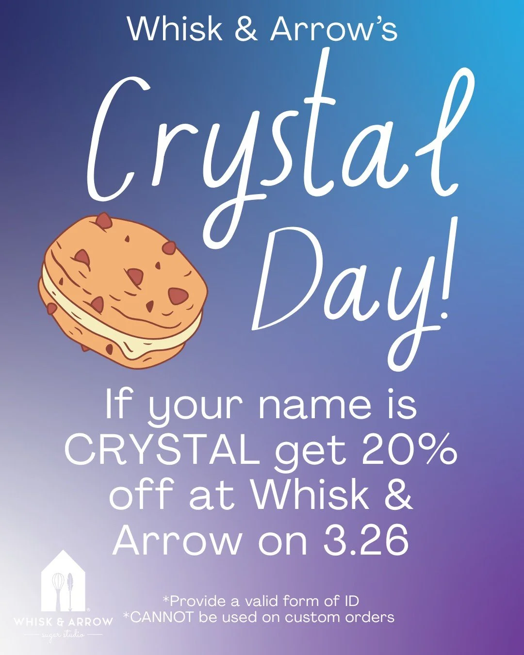 Tomorrow is CRSYTAL Day! Thursday, March 26th if your name is Crystal enjoy 20% off of your total purchase, not including custom orders. It can be any spelling of the name Crystal! 🧡
.
#whiskandarrow #appletonwi #bakery