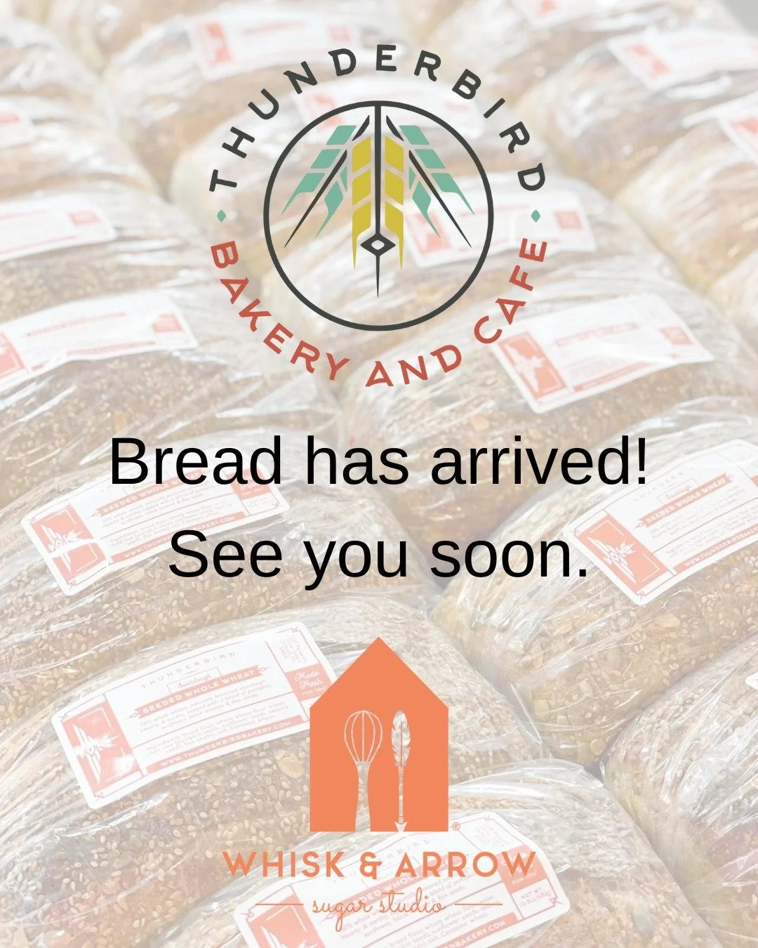 Bread from Thunderbird has arrived! We have Seeded Whole Wheat and Country Sandwich Loaves. 
.
Stop in or order online thru our app for pickup or delivery!
.
#whiskandarrow #thunderbird #thunderbirdbread #appleton #wisconsin