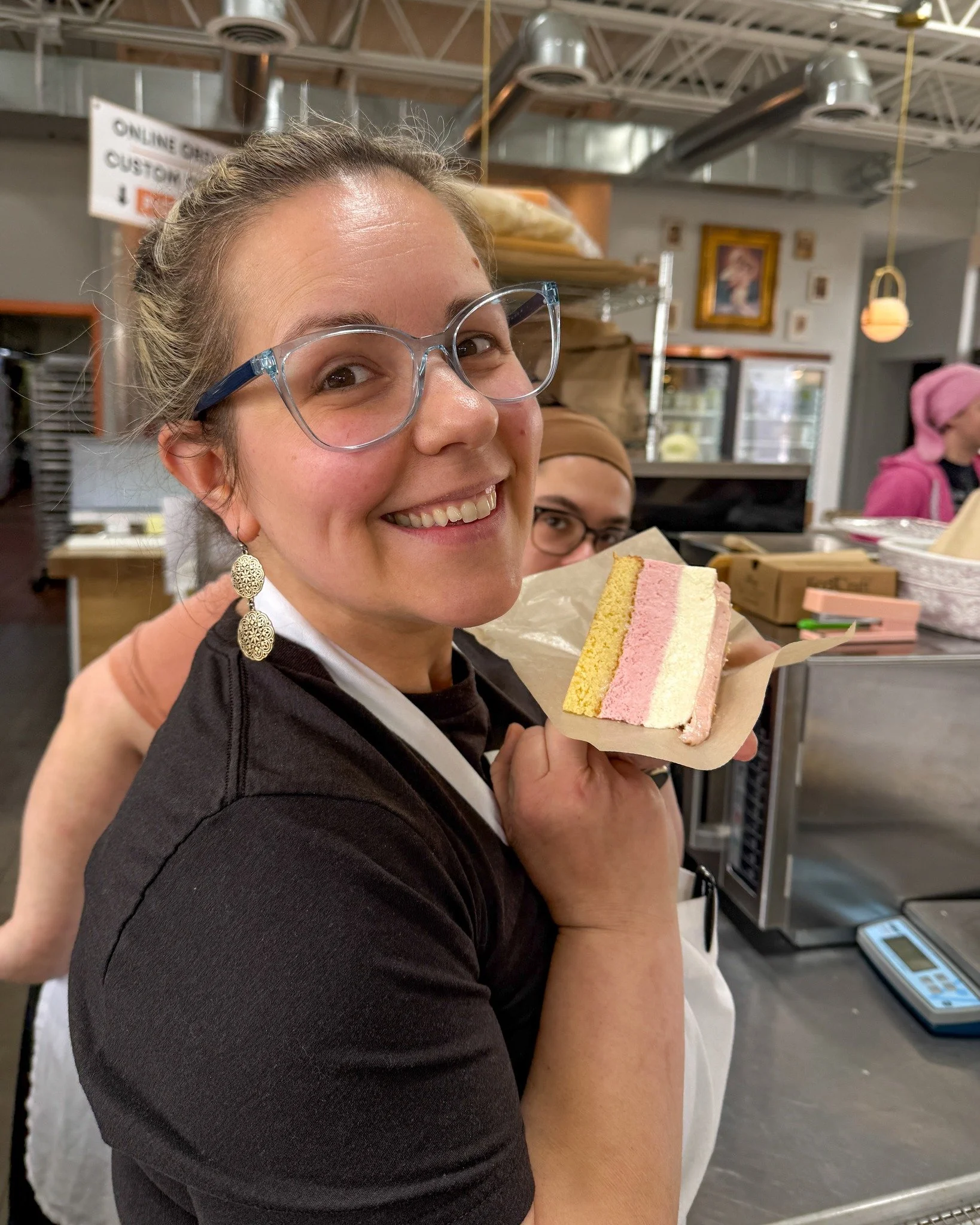 It has been sliced! Come get some Strawberries &amp; Cream Mousse! 
.
Stop in or order online thru our app for pickup or delivery! Located in Appleton, Wisconsin. 
.
#whiskandarrow #appletonwi  #wisconsinbakery #easter #eastertreats