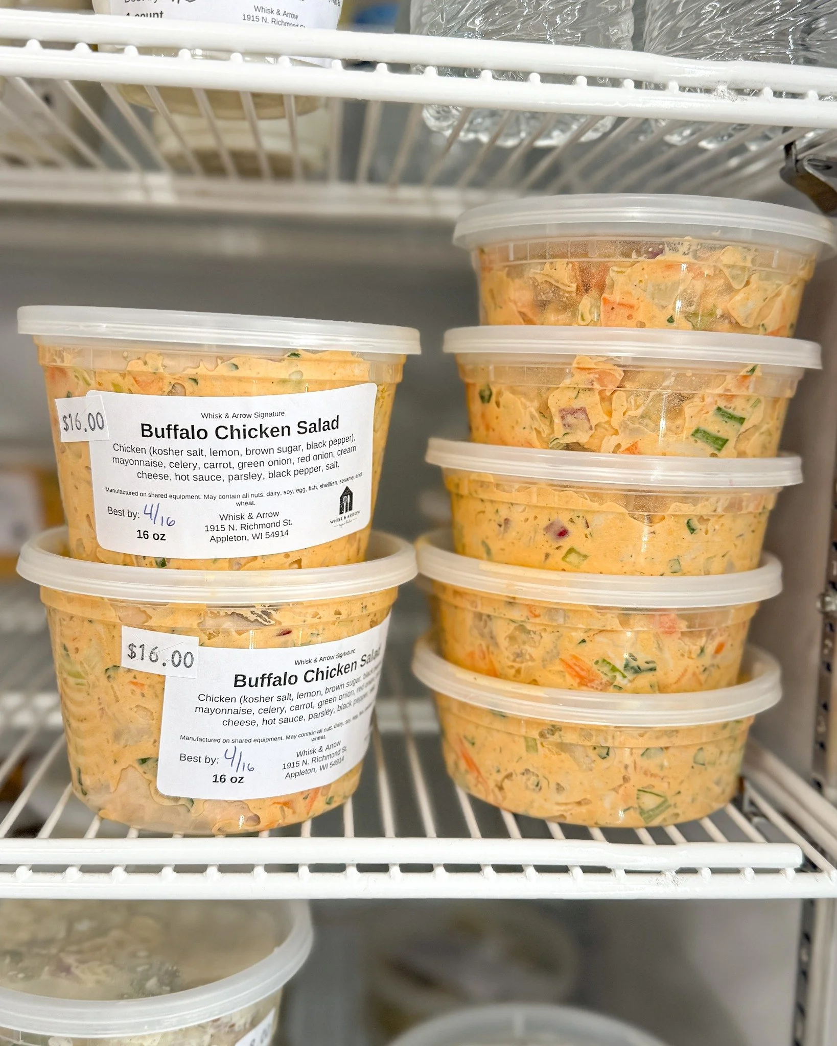 We have some Buffalo Chicken Salad and regular Chicken Salad! Both are delicious with a Butter Croissant. Which flavor do you prefer? 🧡
.
Stop in or order online thru our app for pickup or delivery! Located in Appleton, Wisconsin. 
.
#whiskandarrow 