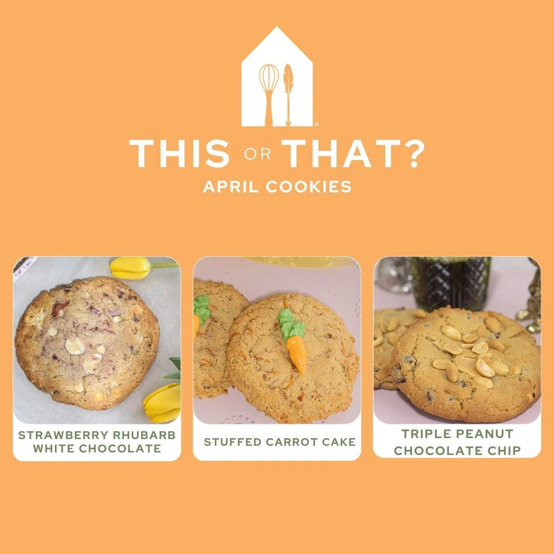 Time to decide which was the best cookie this month! I'm feeling torn between the Stuffed Carrot Cake and the Triple Peanut Chocolate Chip. But if you're really twisting my arm I'd say Stuffed Carrot Cake. 
.
Stop in or order online thru our app for 