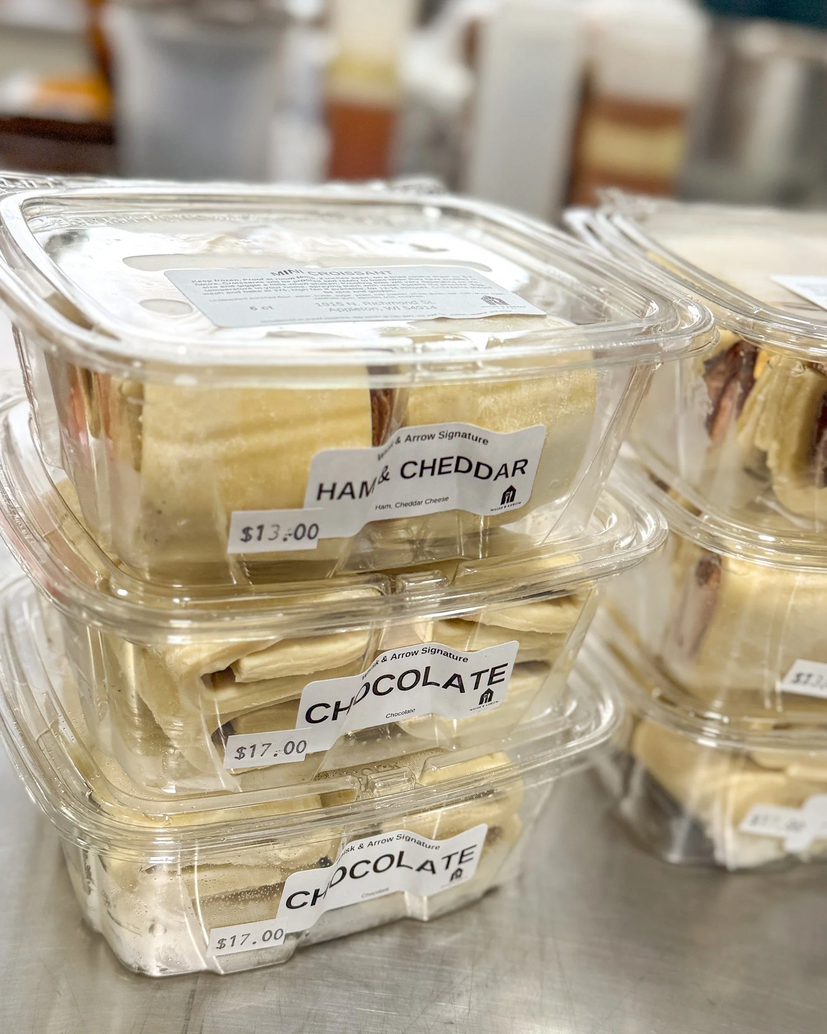 We have mini frozen croissant dough for sale in our freezer! We have chocolate, ham &amp; cheddar, butter, and almond. These are so cute for a little party! 
.
Stop in or order online thru our app for pickup or delivery! Located in Appleton, Wisconsi