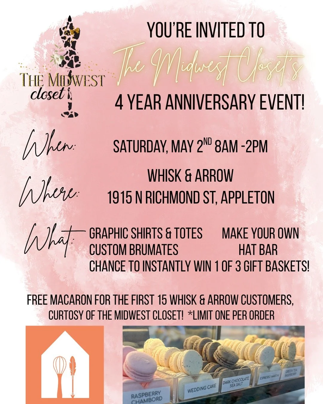 This Saturday we are hosting The Midwest Closet for their 4 year anniversary. They have a bunch of fun giveaways planned, and are even treating the first 15 customers with free macarons. You don't want to miss out. 
.
#whiskandarrow #appletonwi #them