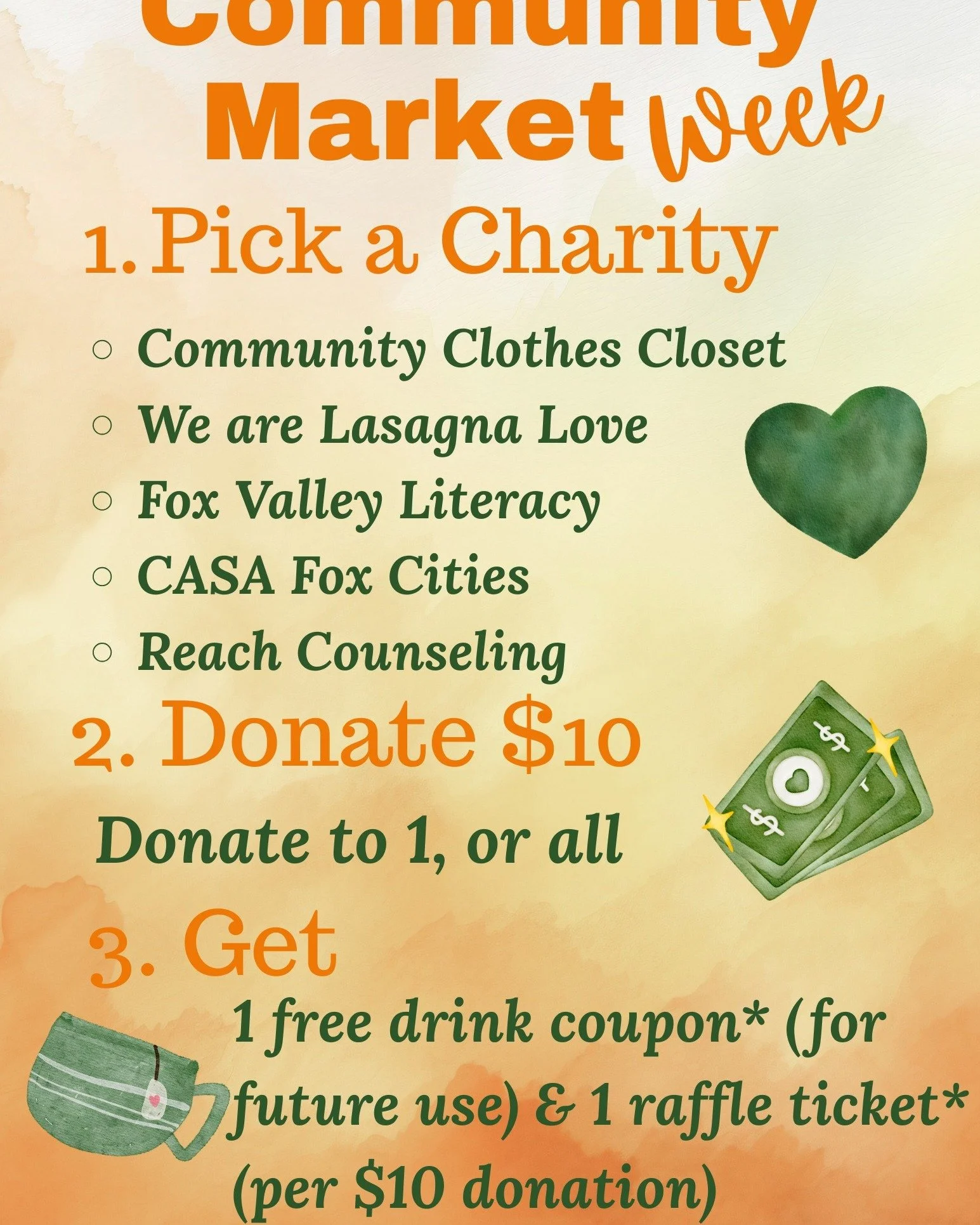 Starting TOMORROW, we are accepting donations for 5 different charities. Donate in $10 to any of the following charities; We Are Lasagna Love, Fox Valley Literacy, CASA of the Fox Cities, and Reach Counseling. For each $10 donation you will receive a