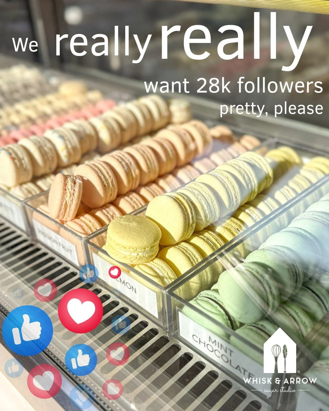This is it! Just 189 followers to go on Facebook, I know we can do it. Once we hit our goal we will be giving out 1 dozen Macarons to 3 of our lucky followers. Tag your friends, family, co workers! Spread the word of Whisk &amp; Arrow, I know we can 