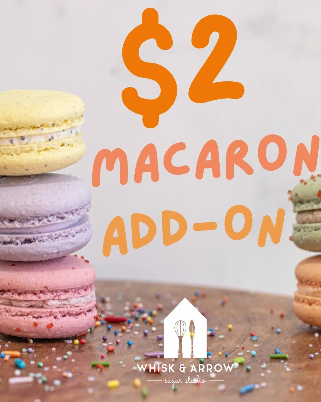 Every Wednesday, starting tomorrow, add a Macaron to your order for only $2. Our Macarons are $3, so it's a nice deal for an extra little treat. Only one per purchase, per client. 
.
You can get this deal online with the coupon code "MACARONADD&