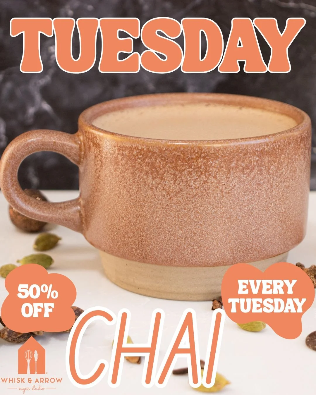 Tuesdays are now Chai Tuesdays! You can get 50% off ANY size Chai! This is your official sign to treat yourself. 🙂

Tag a friend who loves Chai! 

Offer for House Chai only. In store and online.
