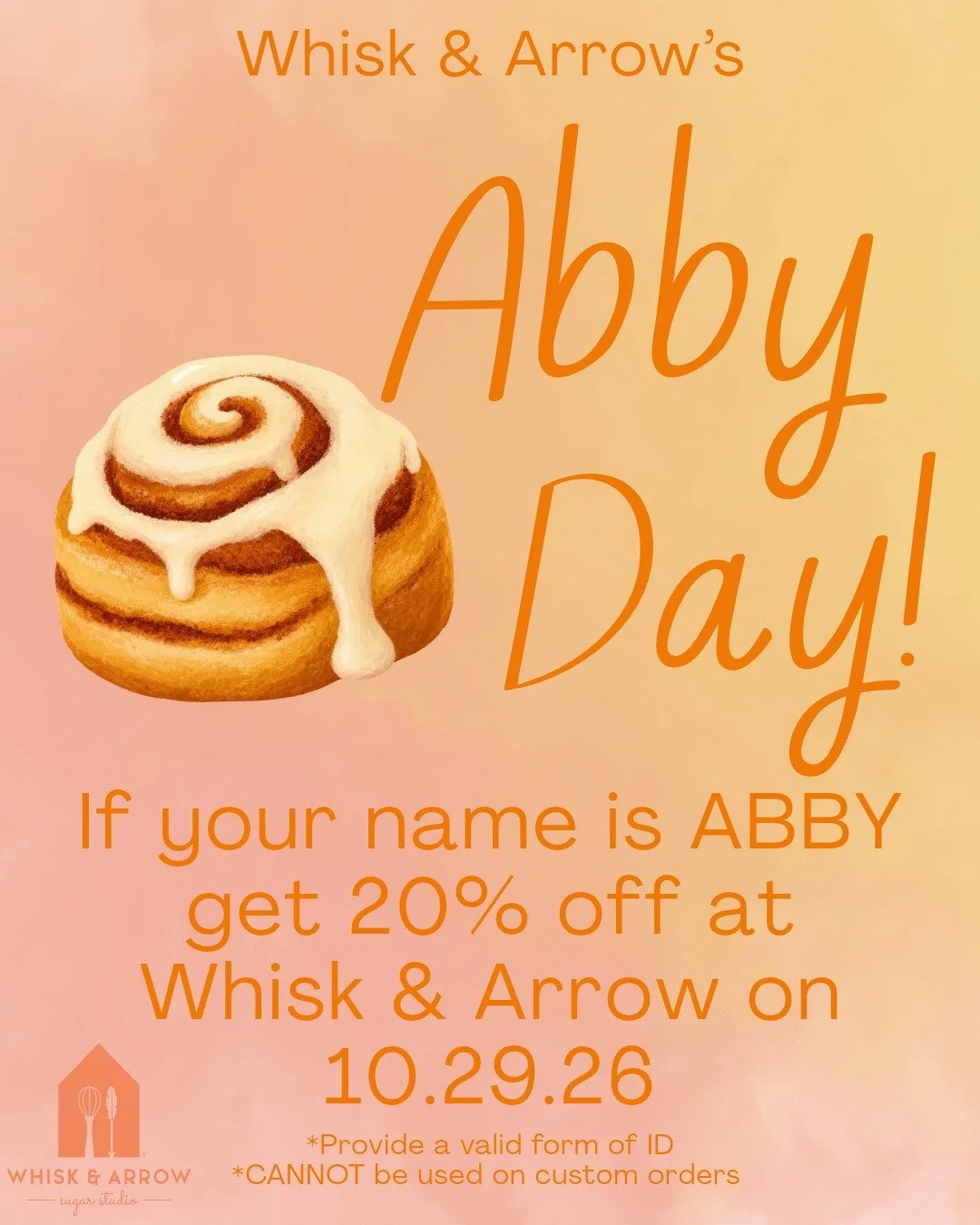 Tomorrow, Thursday October 29th is ABBY Day! If your name is Abby come get 20% off of your total purchase, not including custom orders. (Abigail, Abbie, whatever spelling is valid!) Tag the Abbys in your life! 
.
#nameday #abby #whiskandarrow #applet