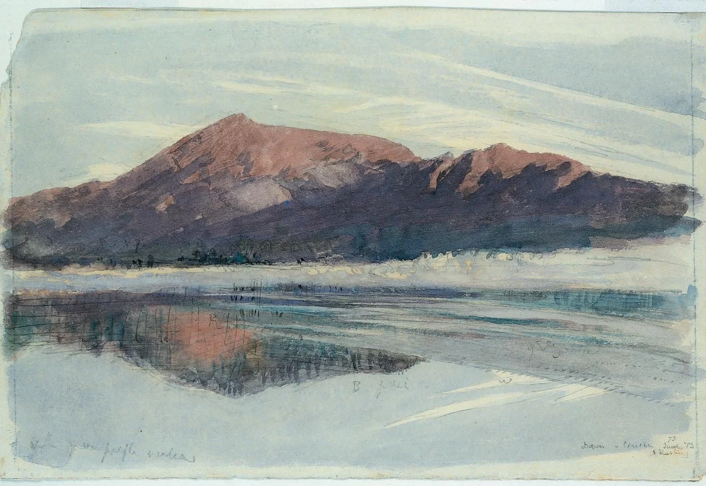 Watercolor painting of a mountain with reflection in a body of water, with sparse vegetation in the foreground.