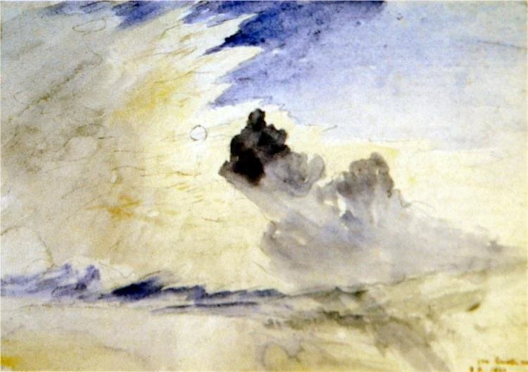 Watercolor painting of clouds in the sky with a hint of the sun shining through.