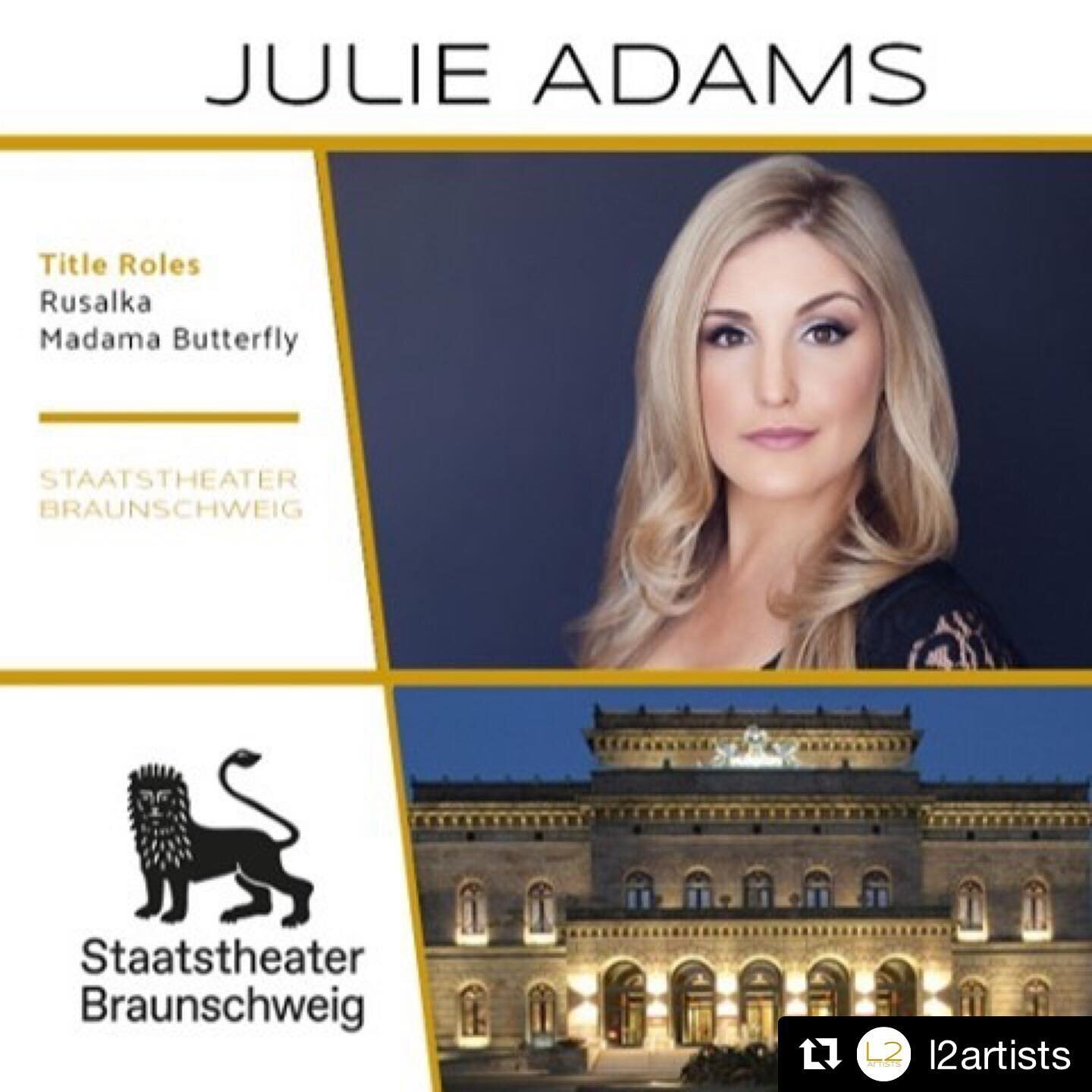 #Repost @l2artists with @get_repost
・・・
Just announced: @julieadamssoprano joins the @staatstheaterbraunschweig this season in the title roles of Rusalka and Madama Butterfly

#l2artists #soprano #germany #braunschweig #operahouse #theater #newhome #