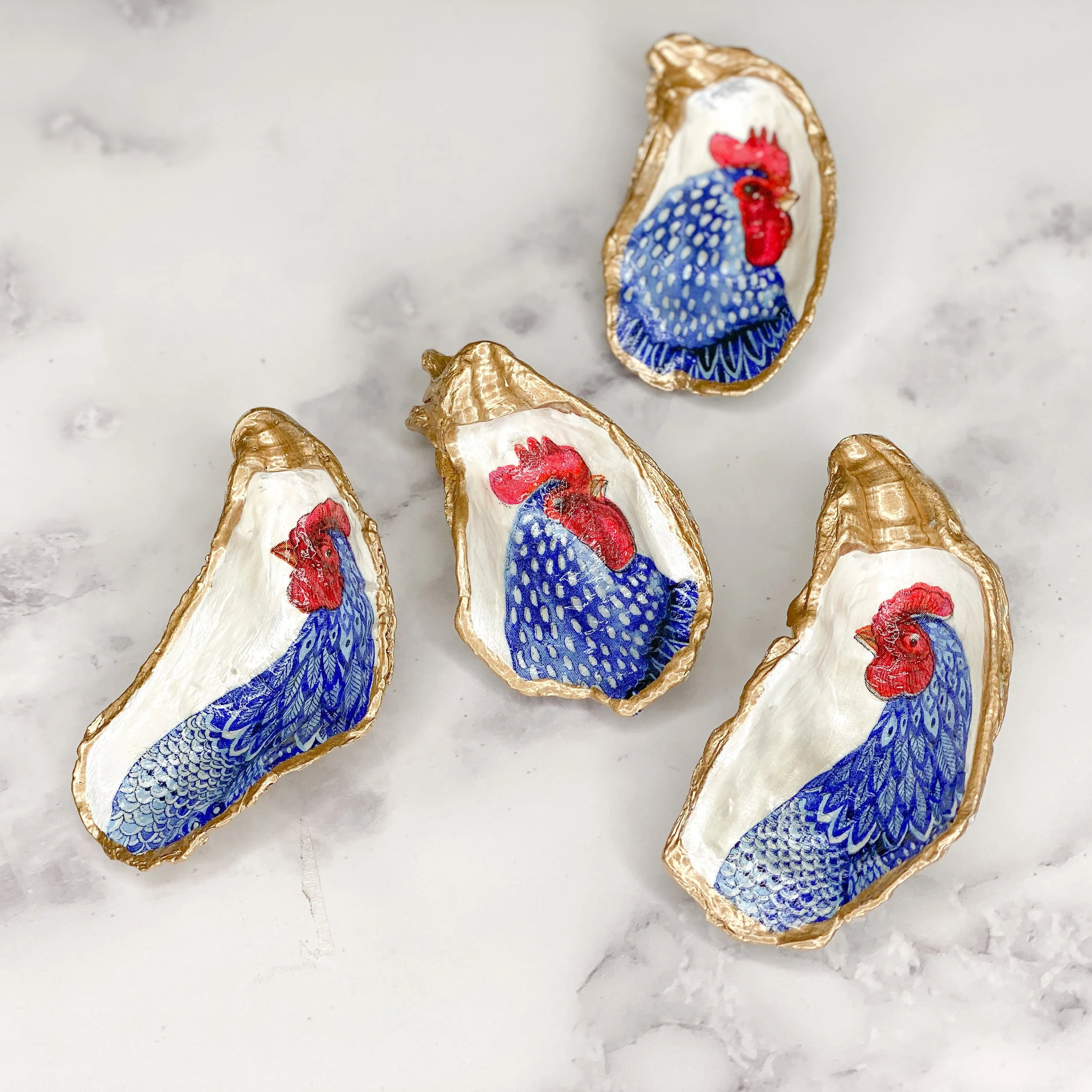 farmhouse rooster oyster shell decoupage trinket dish