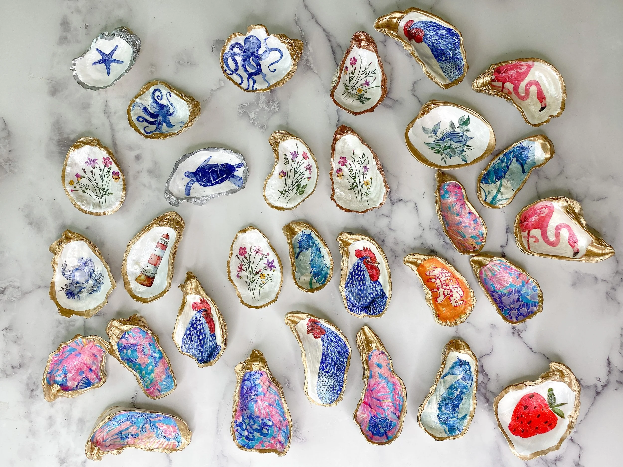 variety of oyster shell decoupage trinket dishes