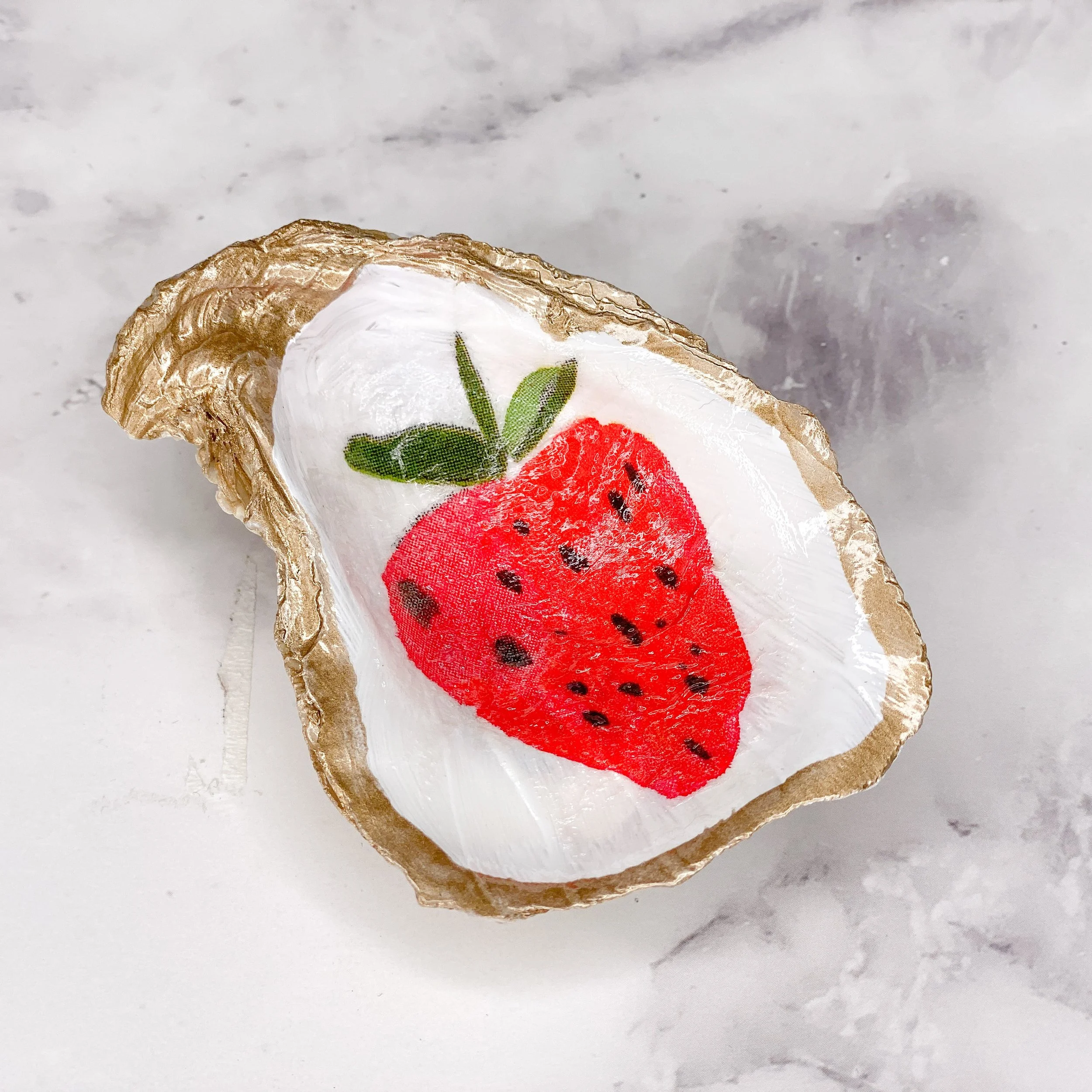farmhouse strawberry oyster shell decoupage trinket dish