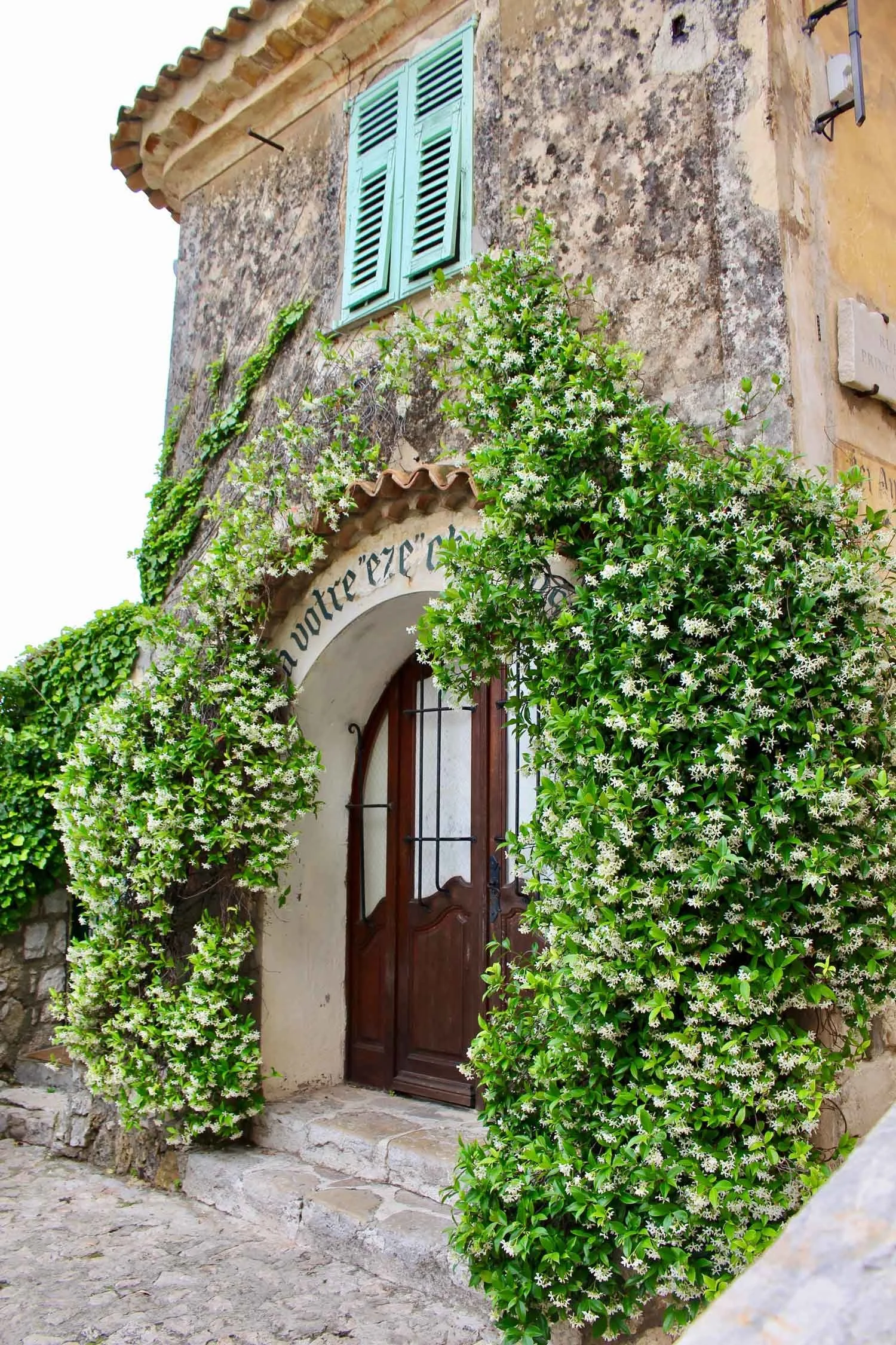 A charming old stone building surrounded by lush green vines and blooming flowers