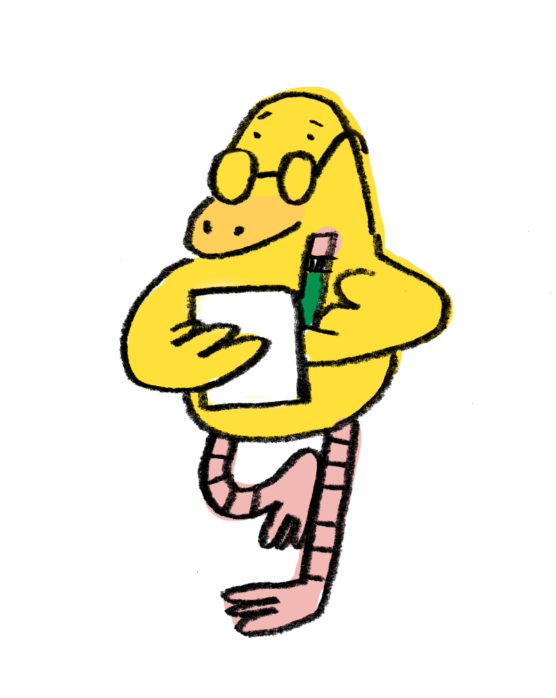 Cartoon bird with glasses holding a notepad and pen.