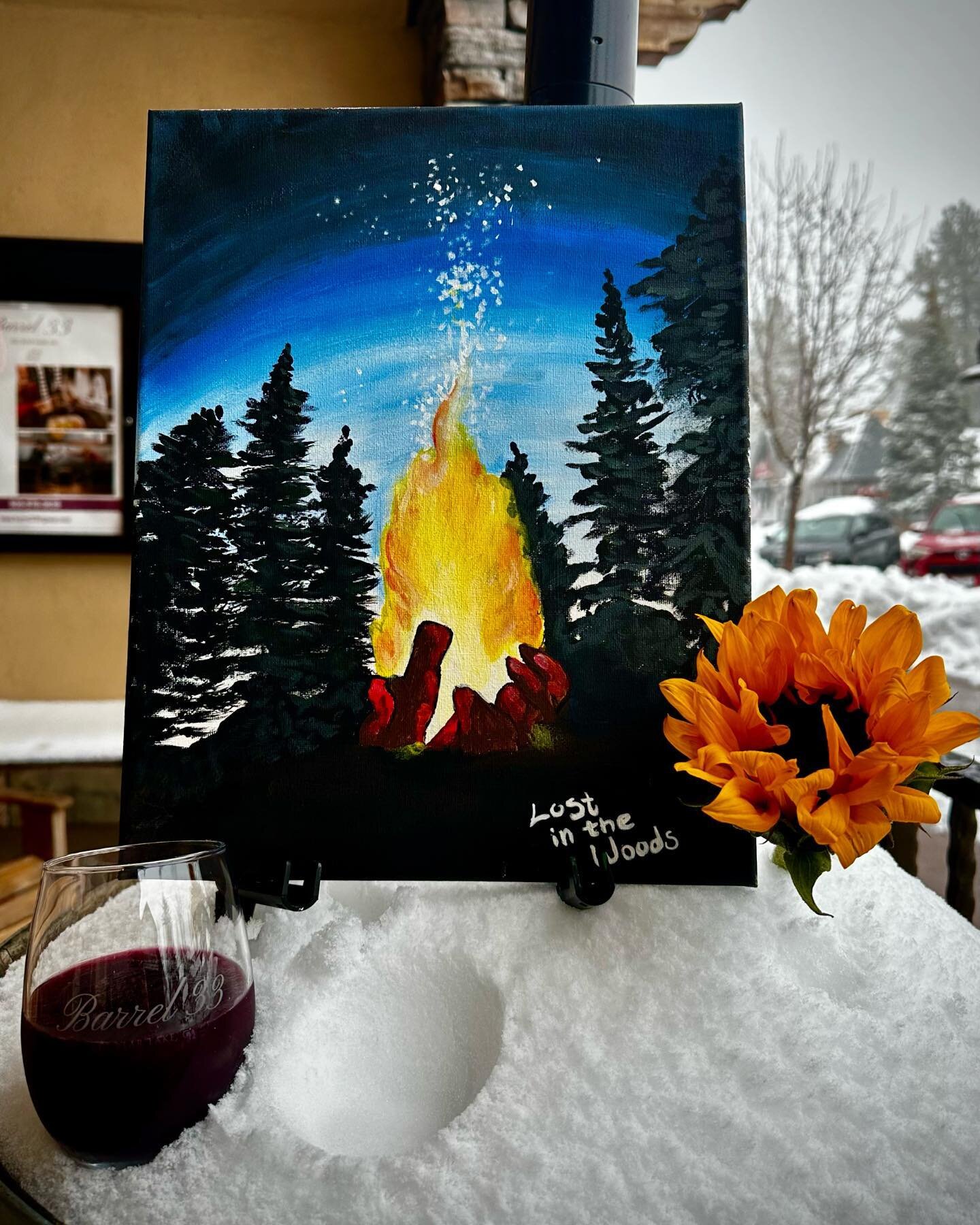 This Friday we&rsquo;re painting &ldquo;Campfire Campside&rdquo; with @lostinthewoods_artgallery Come enjoy the snow with your Barrel 33 family, it&rsquo;s sure to be a good time 🌻