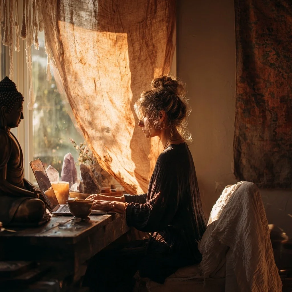 Woman working on her laptop creating AI music