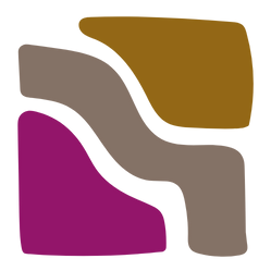 Abstract shape with three rounded sections in purple, gray, and yellow.