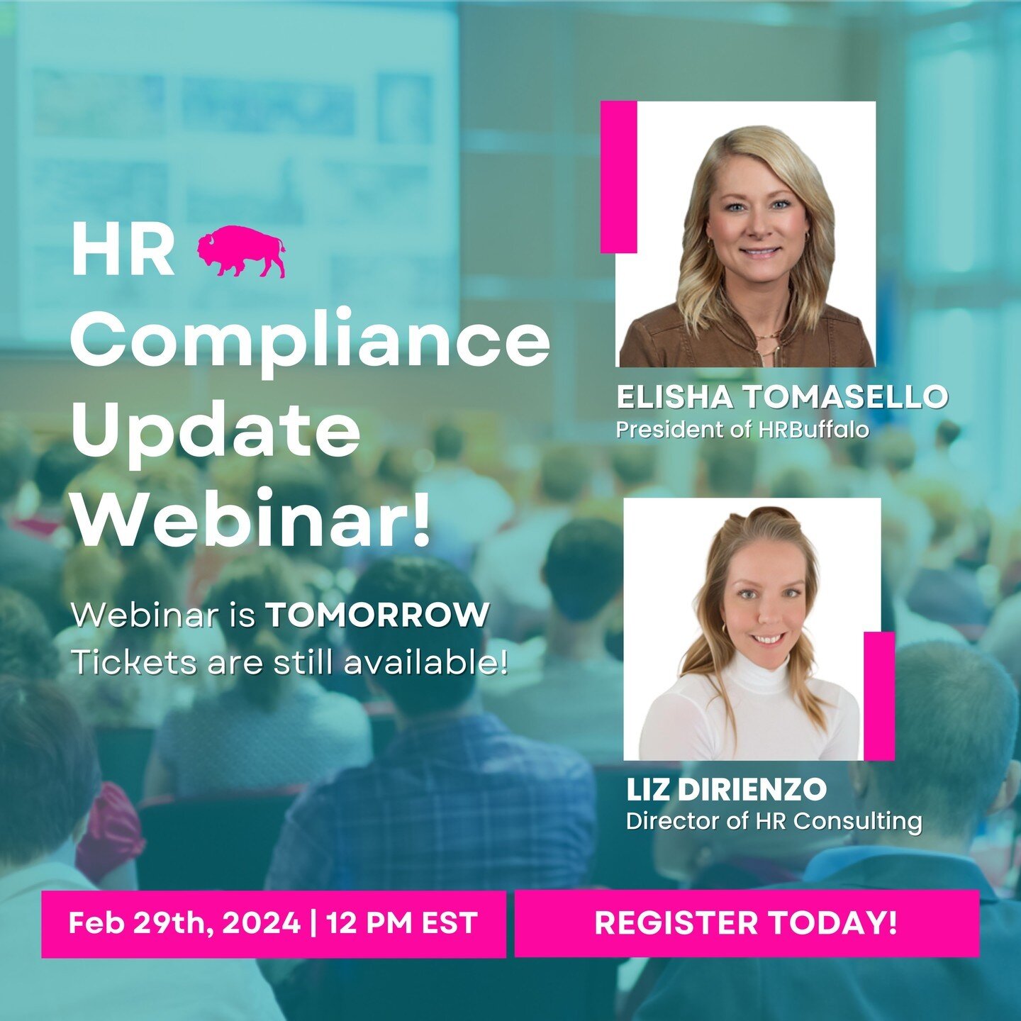 Last Chance to Register! 📅

Join @HRBuffalo tomorrow at 12:00 pm EST, for the Human Resources Compliance Update Webinar! This webinar will provide an overview of new legal requirements, best practices, and tools to help you ensure your organization 