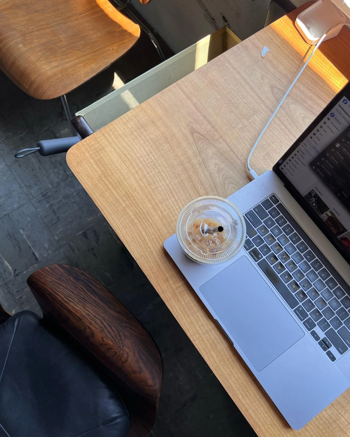 Stopped by my nephew Levi&rsquo;s @levi.jackson store in slc @storehouseslc and noticed we both share the same approach to drinks cups, work areas, computers, and wood grain