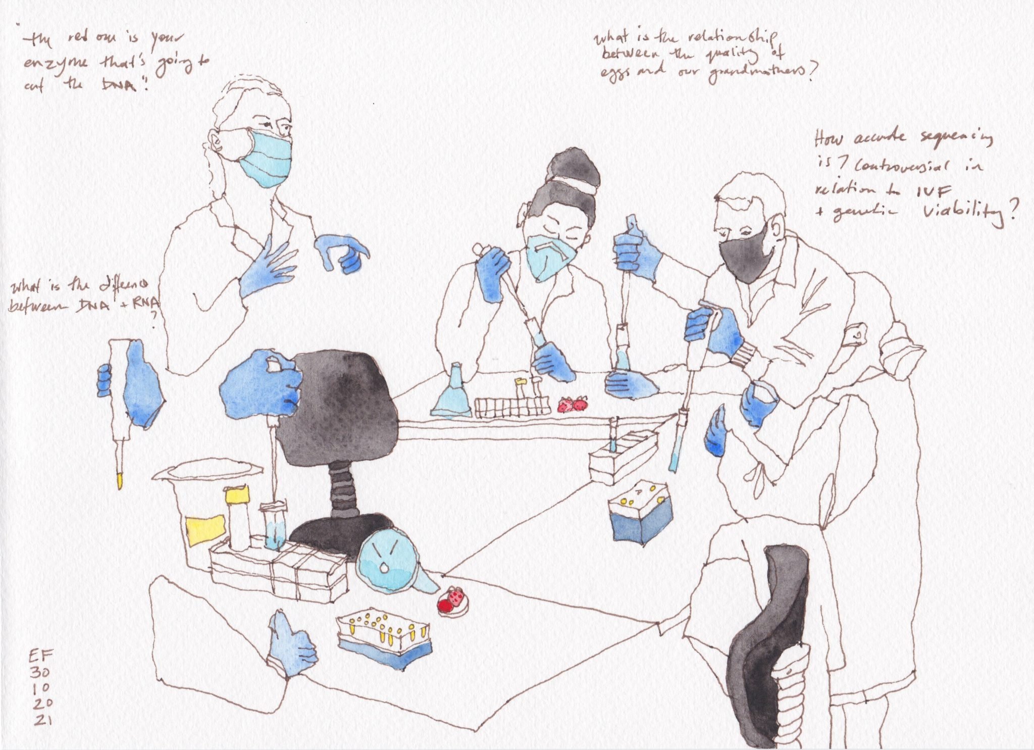 Molecular work - a day in the life of a fertility researcher! Illustration by Emily Fong, 2021