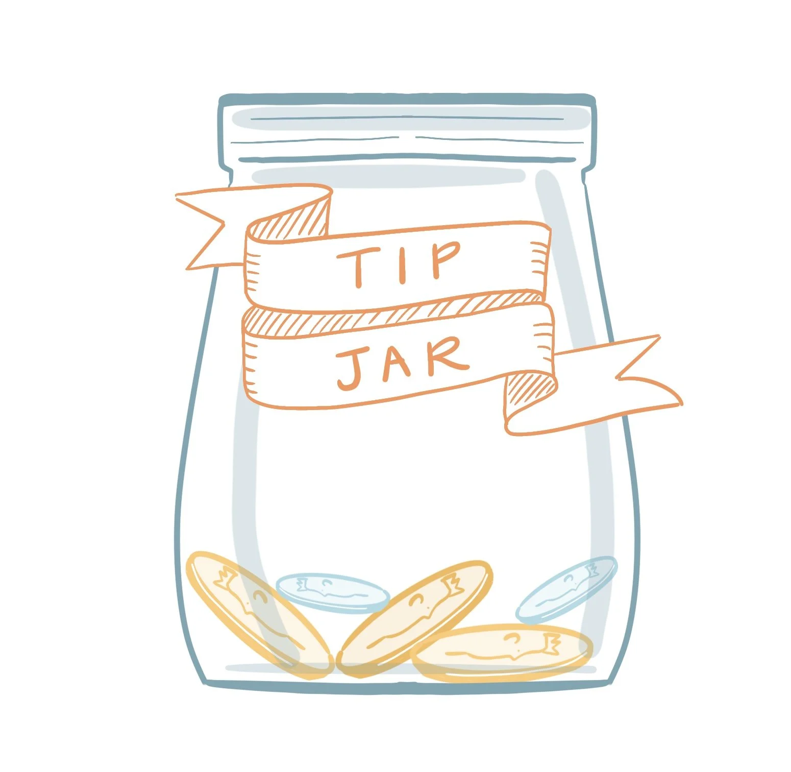 Illustration of a jar labeled "Tip Jar" with coins and bills inside.