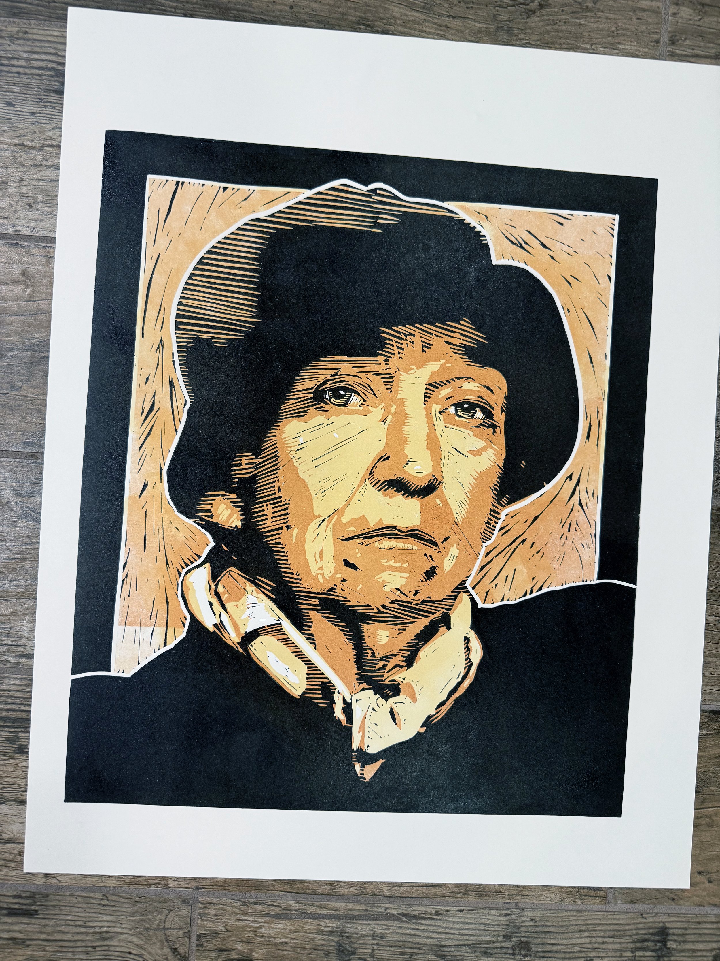 Photographer Berenice Abbott (1898 - 1991). Linocut reduction print, 24" x 18", Edition of 3 prints.