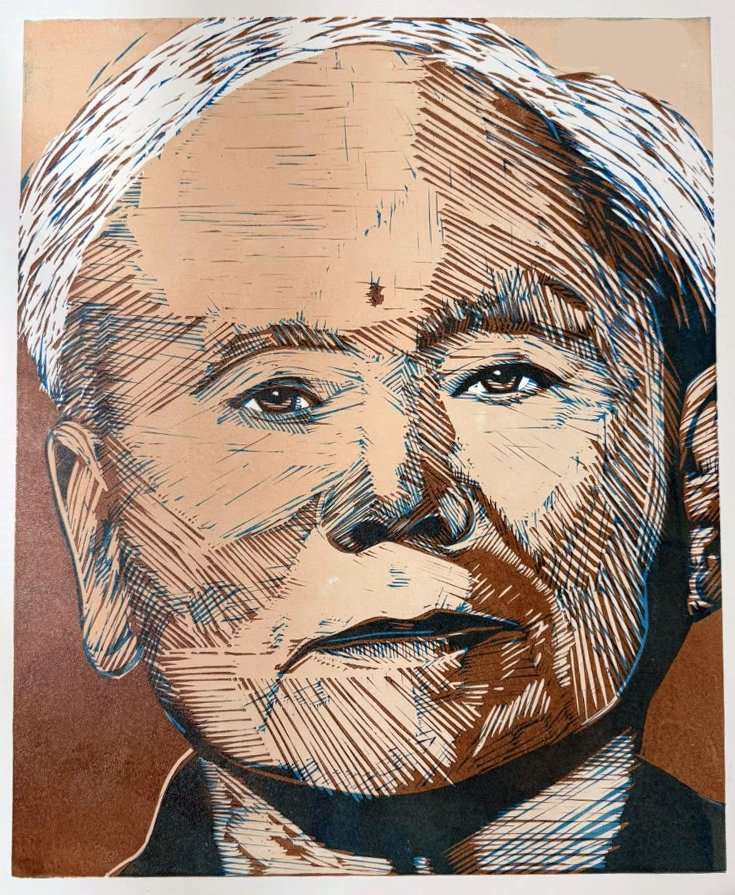 Shotokan Karate's founder, Gichin Funakoshi. Linocut 2 block reduction, 24" x 18". Edition of 3 prints.