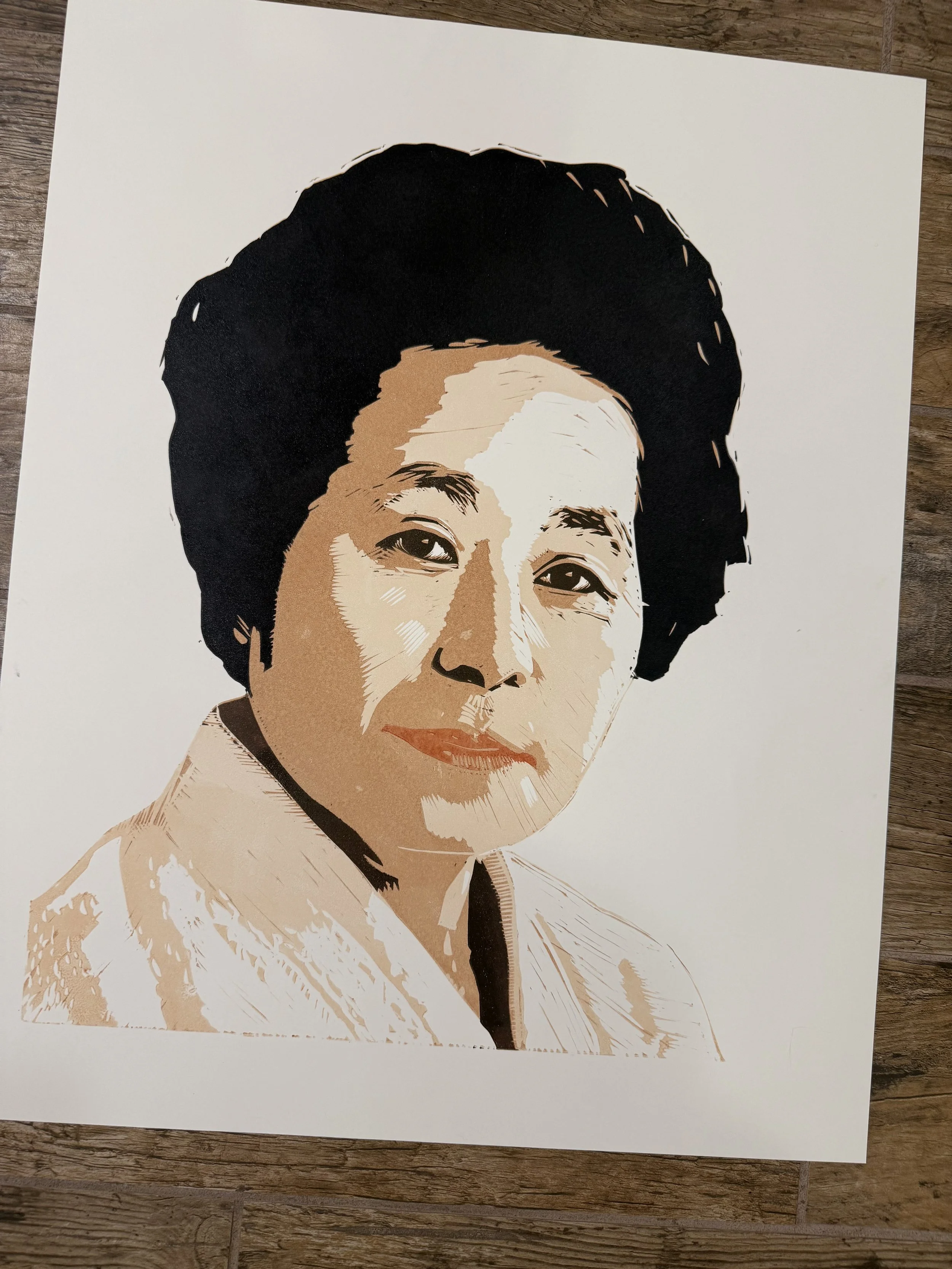 Sensei Keiko Fukuda, inocut 5 color reduction print, 24" x 18", edition of 3 prints. Make sure to search out the film "Mrs. Judo" to learn about Sensei.