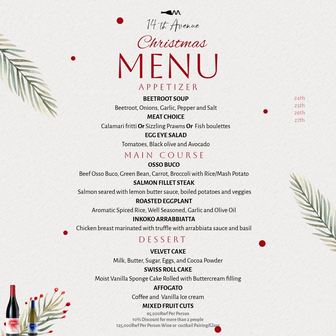 14th Avenue Restaurant Christmas menu