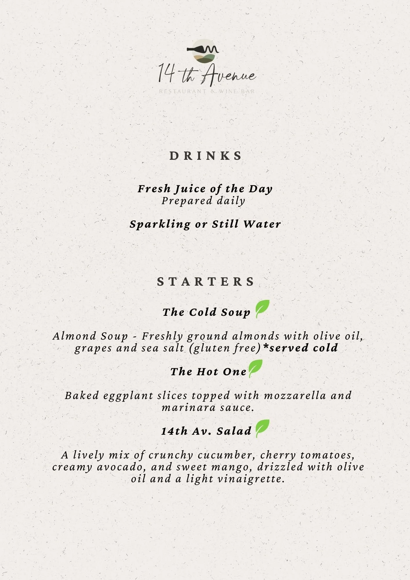 Menu of a restaurant called 14th Avenue featuring drinks like fresh juice and water, and starters including cold soup, hot eggplant, and a salad, with leafy icons.