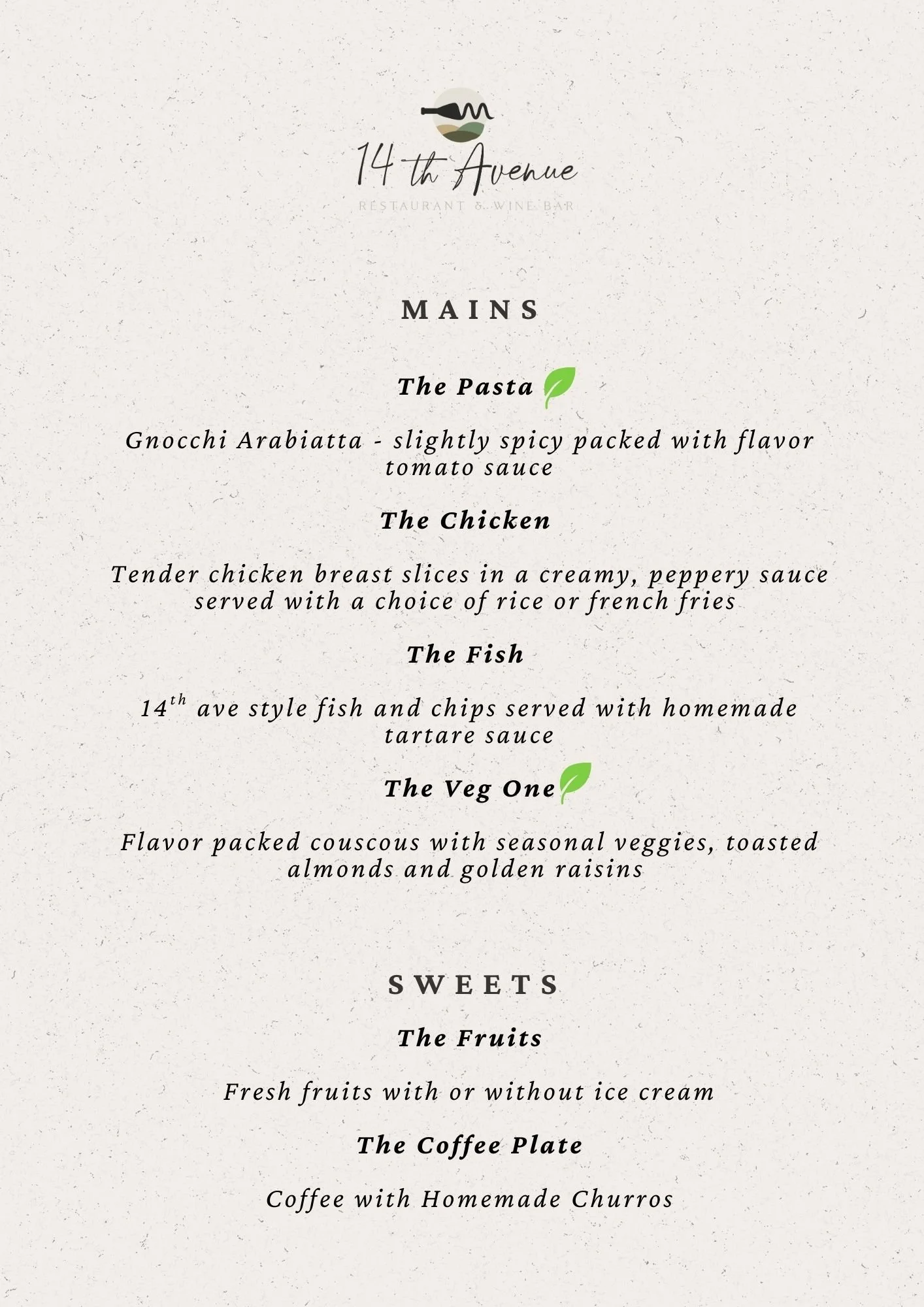 Menu from 14th Avenue restaurant and wine bar, featuring sections for mains and sweets with dishes like Gnocchi Arabiata, chicken, fish, vegetable couscous, fresh fruits, and coffee with homemade churros.